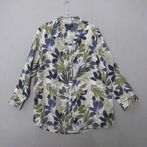 Tahari‎ Top  Plus 1X Floral 100% Linen Button Up Tabbed Sleeve Relaxed Fit